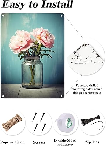 Miniatura 5 de TopPacific Tarro con ramo floral de peonía, letrero de metal de hojalata con flores de primavera, decoración divertida para el hogar, cocina, bar,