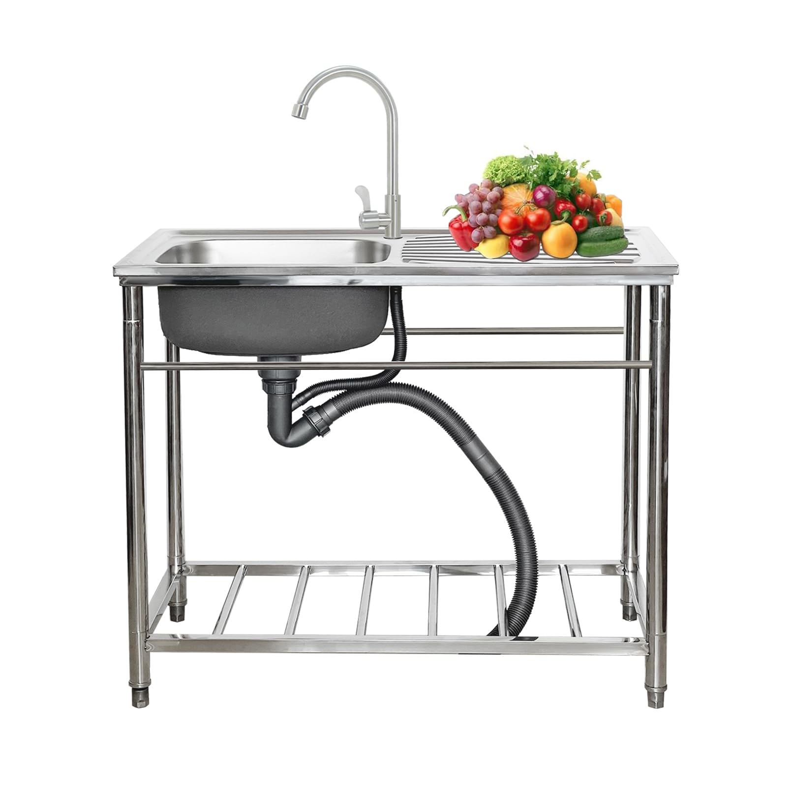 LMYSXAOZ 1 Compartment Kitchen Sinks, Stainless Steel Commercial Sink with Workbench & Faucet, Washing Hand Basin, Free Standing Utility for Laundry, Garage and Garden Outdoor or Indoor