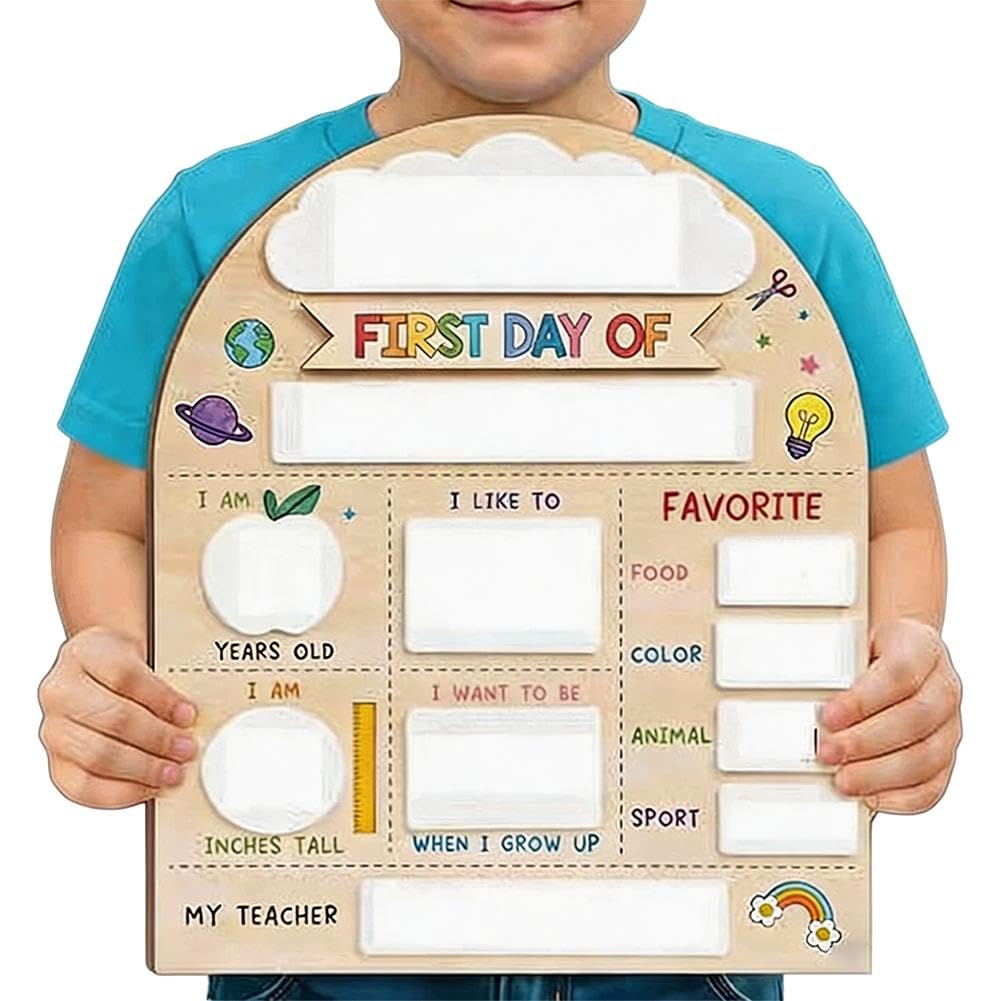 My First Day of School Sign, First and Last Day of School Board, Reusable Back to Class Wooden Chalkboard for Preschool, Pre-K, and Kindergarten, Easy to Write & Clean Board (B with Stand)