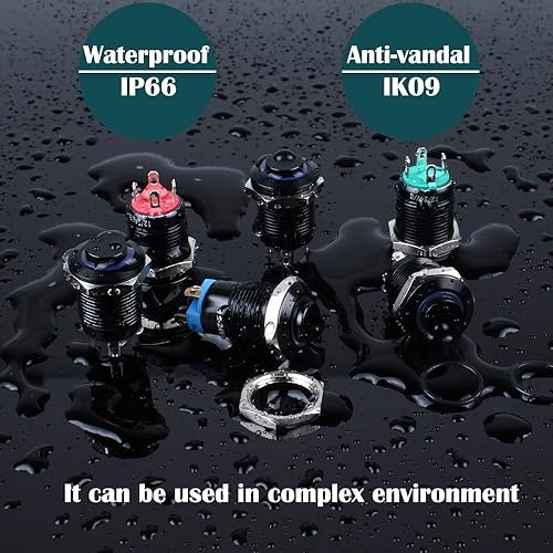 Miniatura 4 de DMWD 2 interruptores de botón momentáneos de metal de cabeza elevada de 0.472 pulgadas, impermeables, antivandálico, carcasa negra con cables para