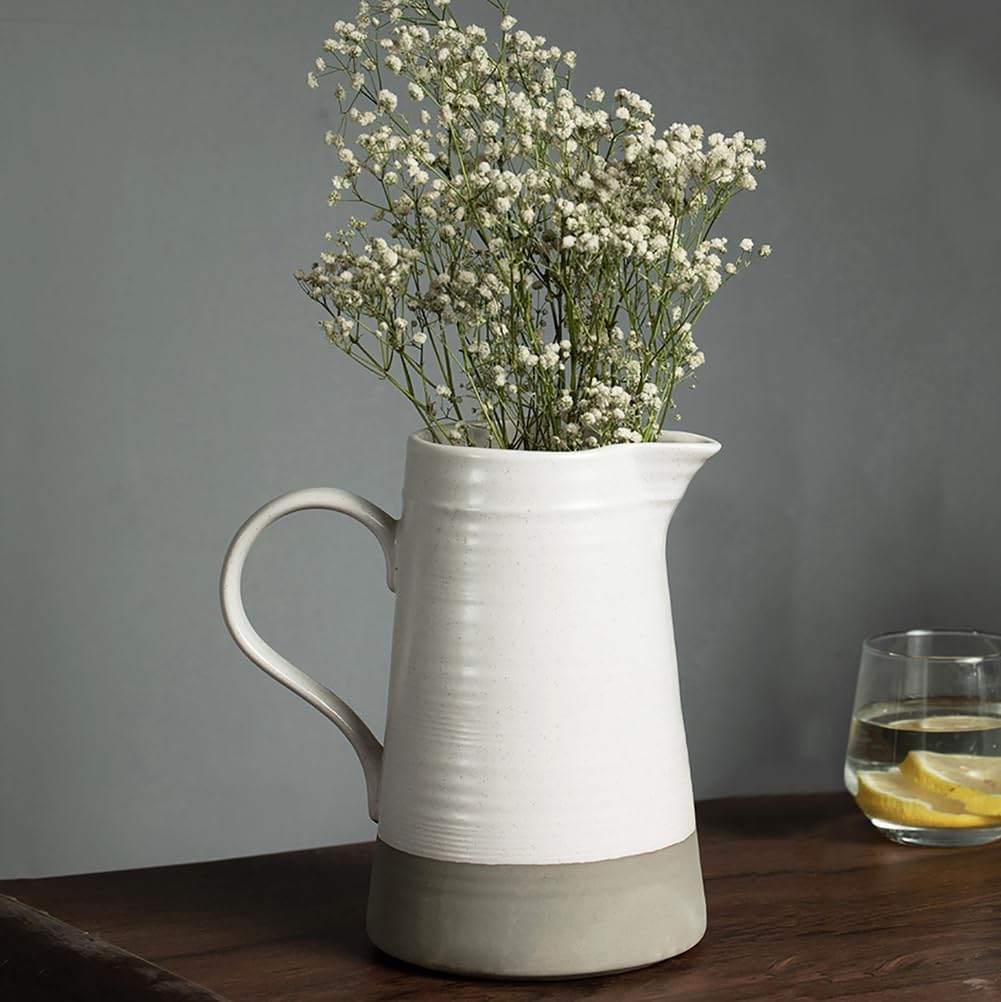 65oz/1.8L White Ceramic Pitcher Large Water Pitcher for Home Decor and Beverages - Vintage Rustic Farmhouse Ceramic White Jug or Flower Vase,B