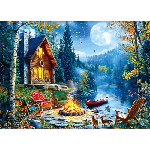 PuzzOne 1000 Piece Jigsaw Puzzles for Adults, Lakeside Cabin with Letter