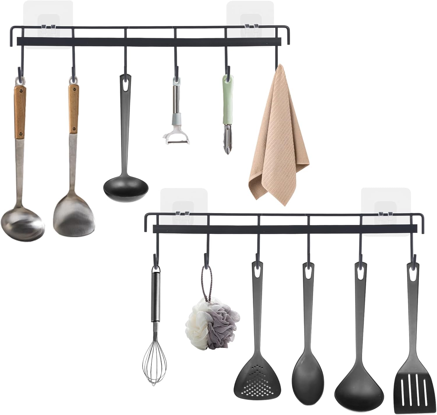 Sueving 2PCS Kitchen Utensil Hangers, Wall Mounted Hanging Holder Rack Organizer with 6 Hook, No Drilling, Adhesive Wall Utensil Rail Rack for Kitchen Bathroom Bedroom