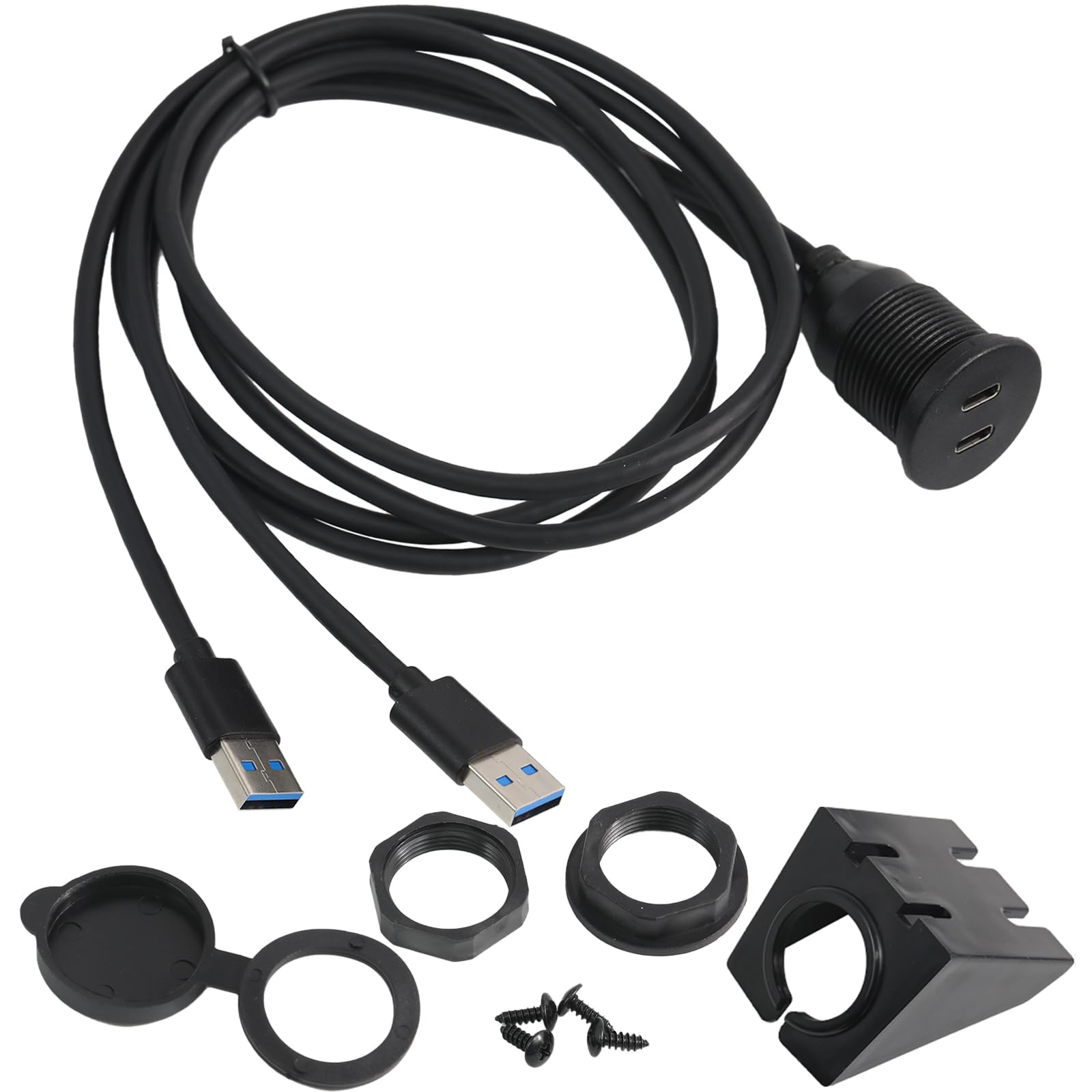 PENGLIN Dual Port USB 3.0 to Type C Flush Mount Cable, USB-A Male to USB-C Female Panel Mount Adapter Extension Cable for Car Boat Motorcycle Vehicle