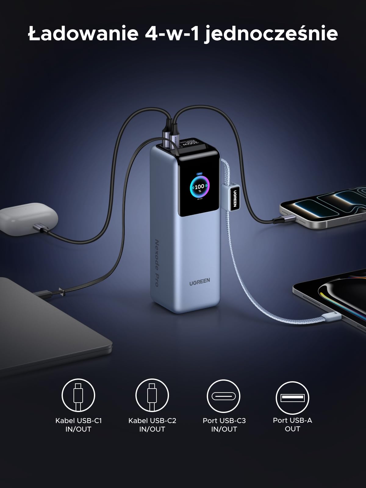 UGREEN Nexode Pro Powerbank 25000mAh 200W z 2 wbud. USB-C-kable | 68cm zwijany kabel, 3x USB-C+1x USB-A, wyświetlacz TFT, do podróży/biura, kompatybilny z MacBook, iPhone