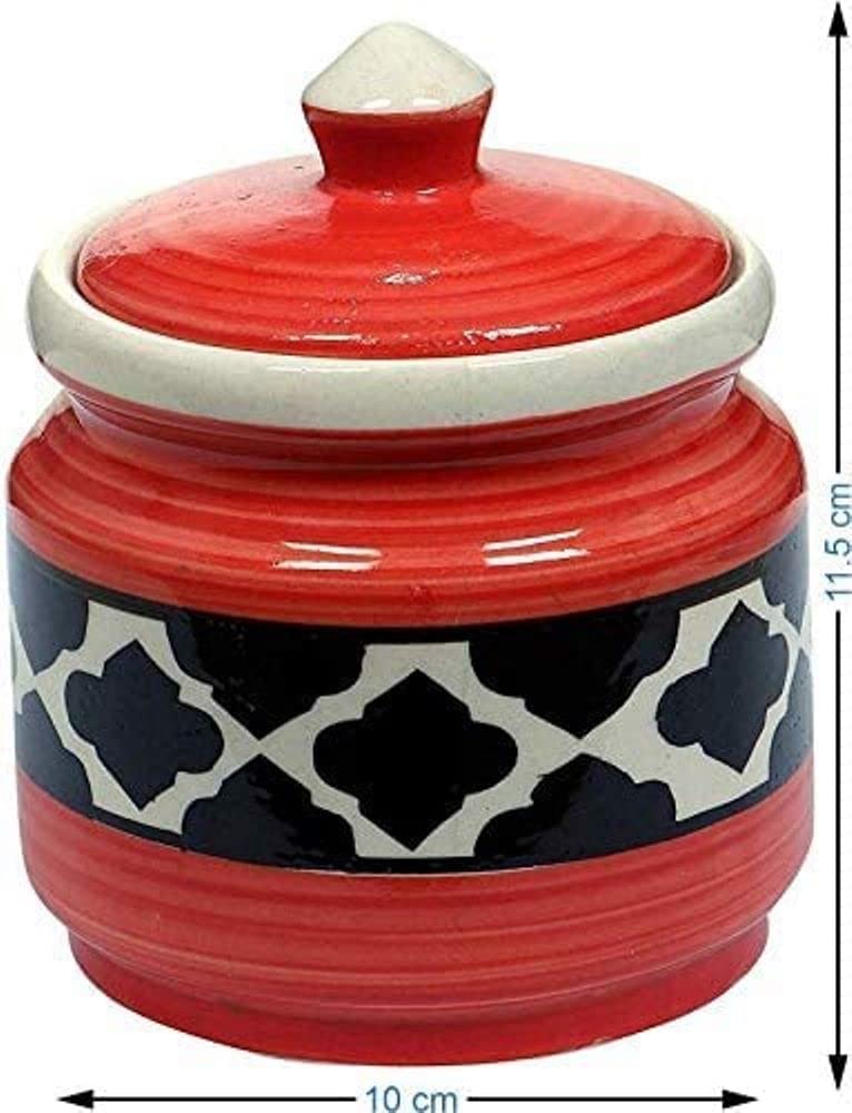RAJ ROYAL Red Pottery Hand Painted Cornichon 750 Gram Storage Jar Container with Lid Ceramic Food Storage Multipurpose Storage Container for Home(Set of 2) (Red) - Image 6 thumbnail