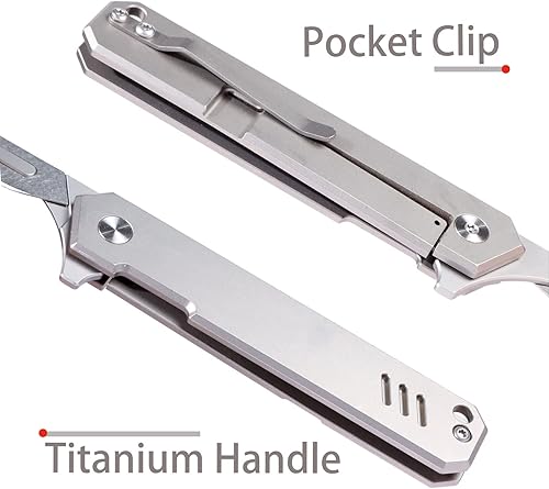 Miniatura 4 de T37 - Cuchillo de bisturí plegable de titanio, 6 cuchillas 440C #60, cuchillos compactos delgados para caballero reemplazables EDC con clip de