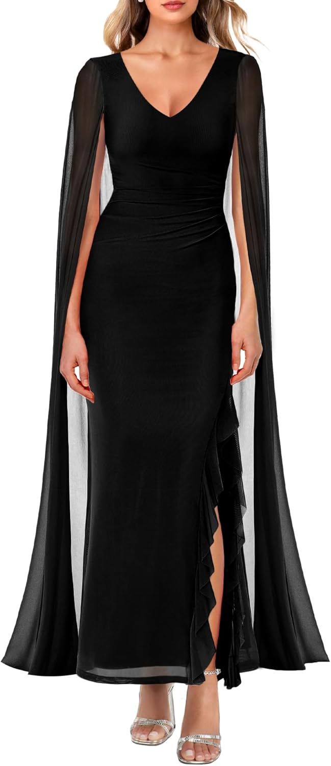 MAYFASEY Women's V Neck Flowy Long Sleeve Split Formal Dress Mesh Ruched Cocktail Evening Party Prom Long Dresses with Cape