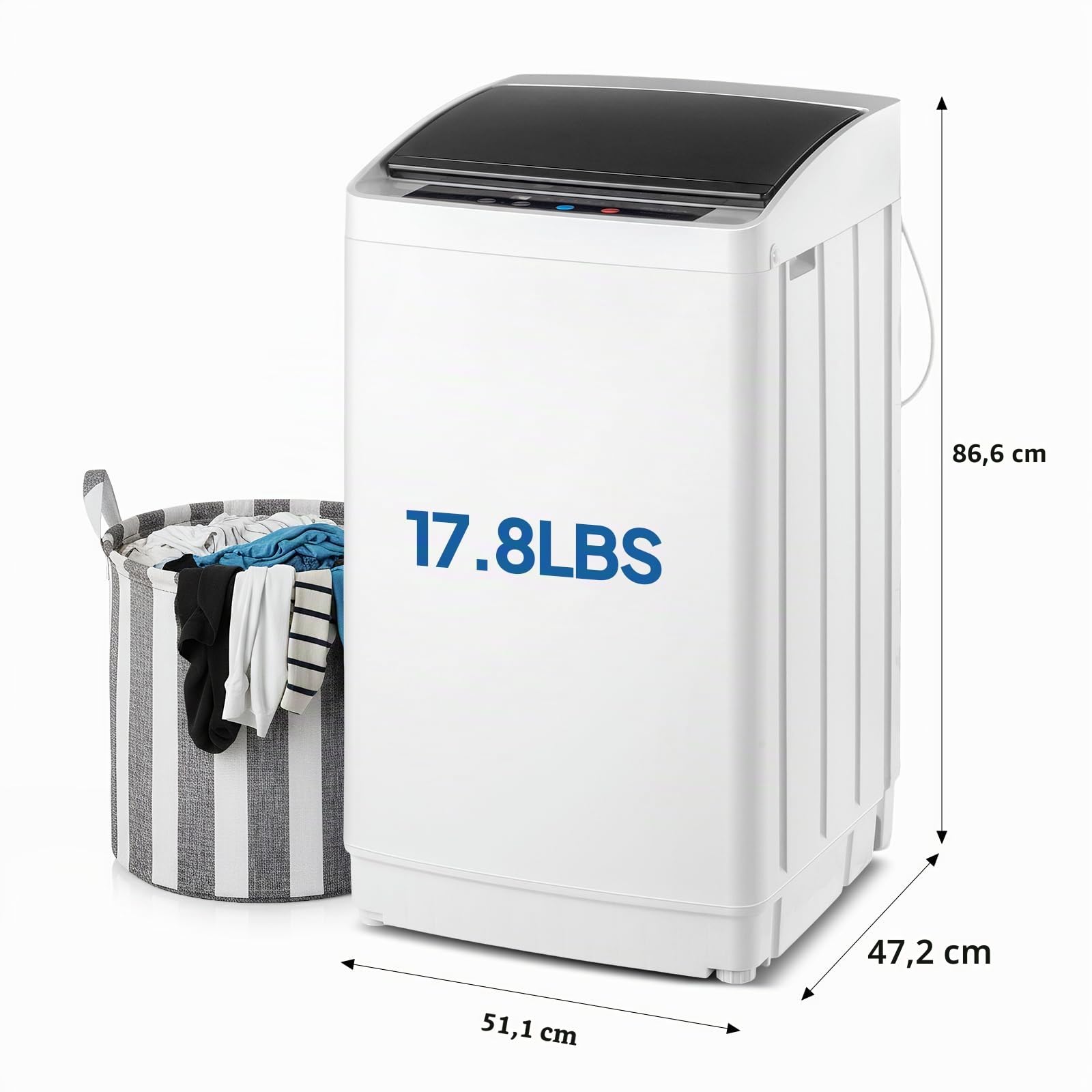 ROVSUN Lavadora de carga superior, 5 kg, carga superior, con 8 programas de lavado y 5 niveles de agua, lavadora pequeña silenciosa 60-70 dB, temporizador 24 h, 51 × 47 ×