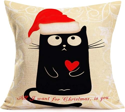 Merry Christmas Cat Throw Pillow Covers Lovely Animals Black Cat with Red Santa's Hat Pillow Cases All I Want for Christmas, is You Xmas Quote for