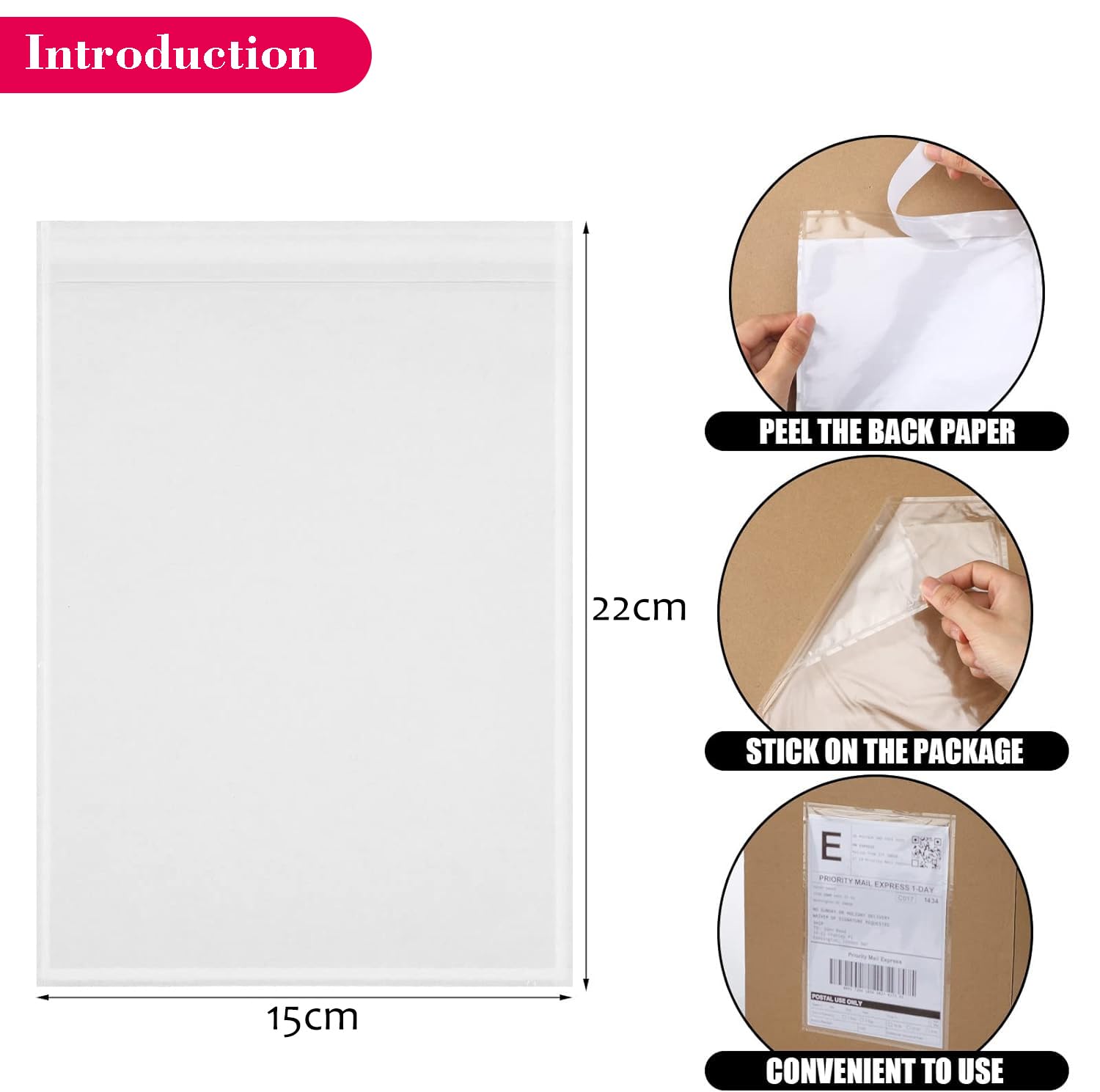 Lot de 1000 pochettes autocollantes transparentes et imperméables pour étiquettes d'expédition - 15 x 22 cm