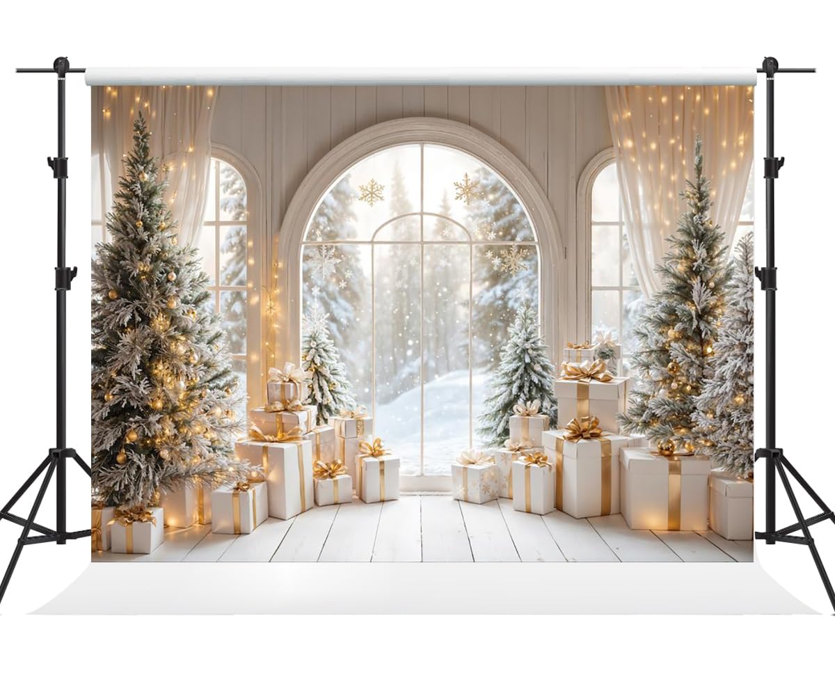 Kate 7 × 5ft Foto di Natale Sfondo Fotografia Inverno Albero di Natale innevato Finestra Interna Regali Dot Glitter Sfondo Natale Capodanno Fotografo Studio Puntelli Video