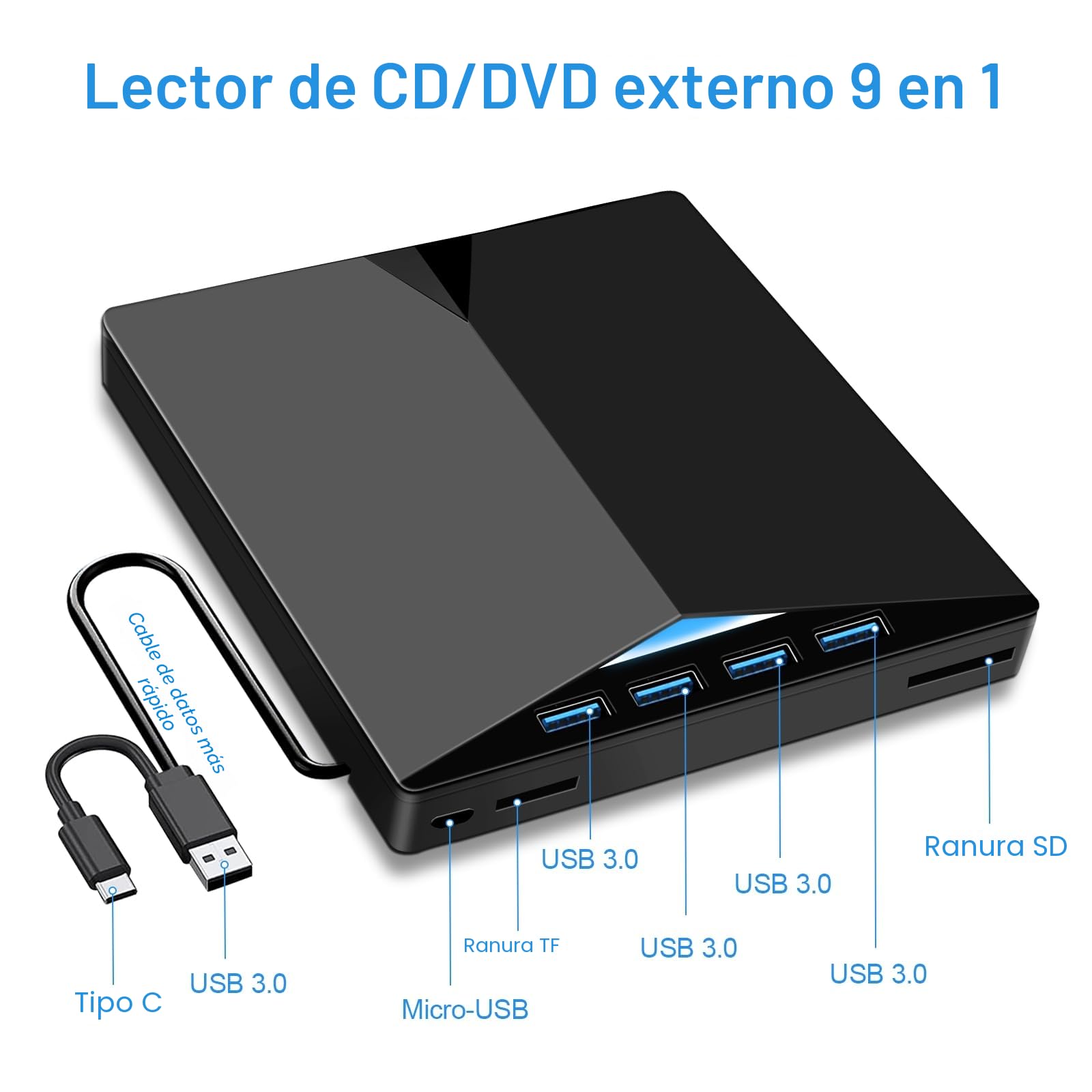 Lector CD Externo para PC, Superdelgado Grabadora DVD Externa Unidades USB 3.0 y USB-C Portátil -RW/ROM Estable para Laptop, Desktop, Windows XP/7/8/10/11/Vista/Linux/MacOS