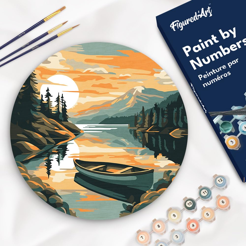 Figured'Art Paint by Numbers Kit for Adults on Wood Slice, 11.8in Diameter - Mountain Lake with Canoe - Craft Art Painting DIY Canvas