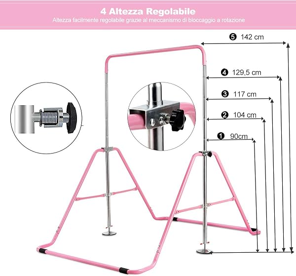 COSTWAY Sbarra Ginnastica Artistica Pieghevole con Struttura Triangolare e 4 Cuscinetti Antiscivolo, Altezza Regolabile in 4 Posizioni da 90 a 142 cm, Barra per Ginnastica per Bambini - 4