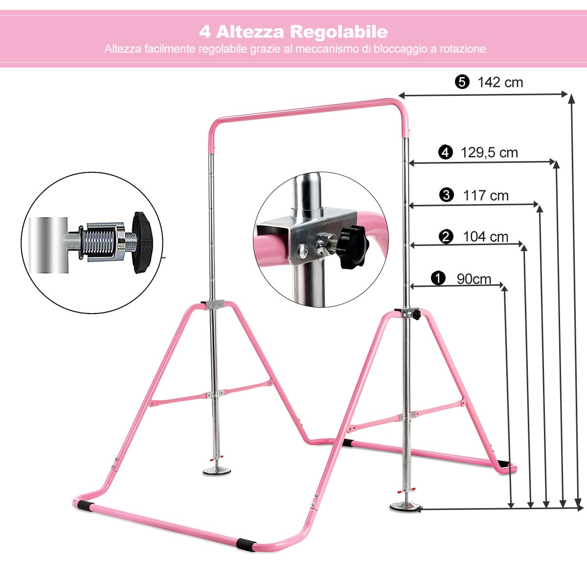 COSTWAY Sbarra Ginnastica Artistica Pieghevole, Altezza Regolabile 90-142 cm, Barra per Ginnastica per Bambini