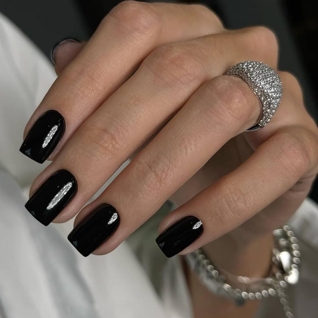 KQueenest Acrylic Press on Nails Short Medium Square, Black False Nails Short Coffin