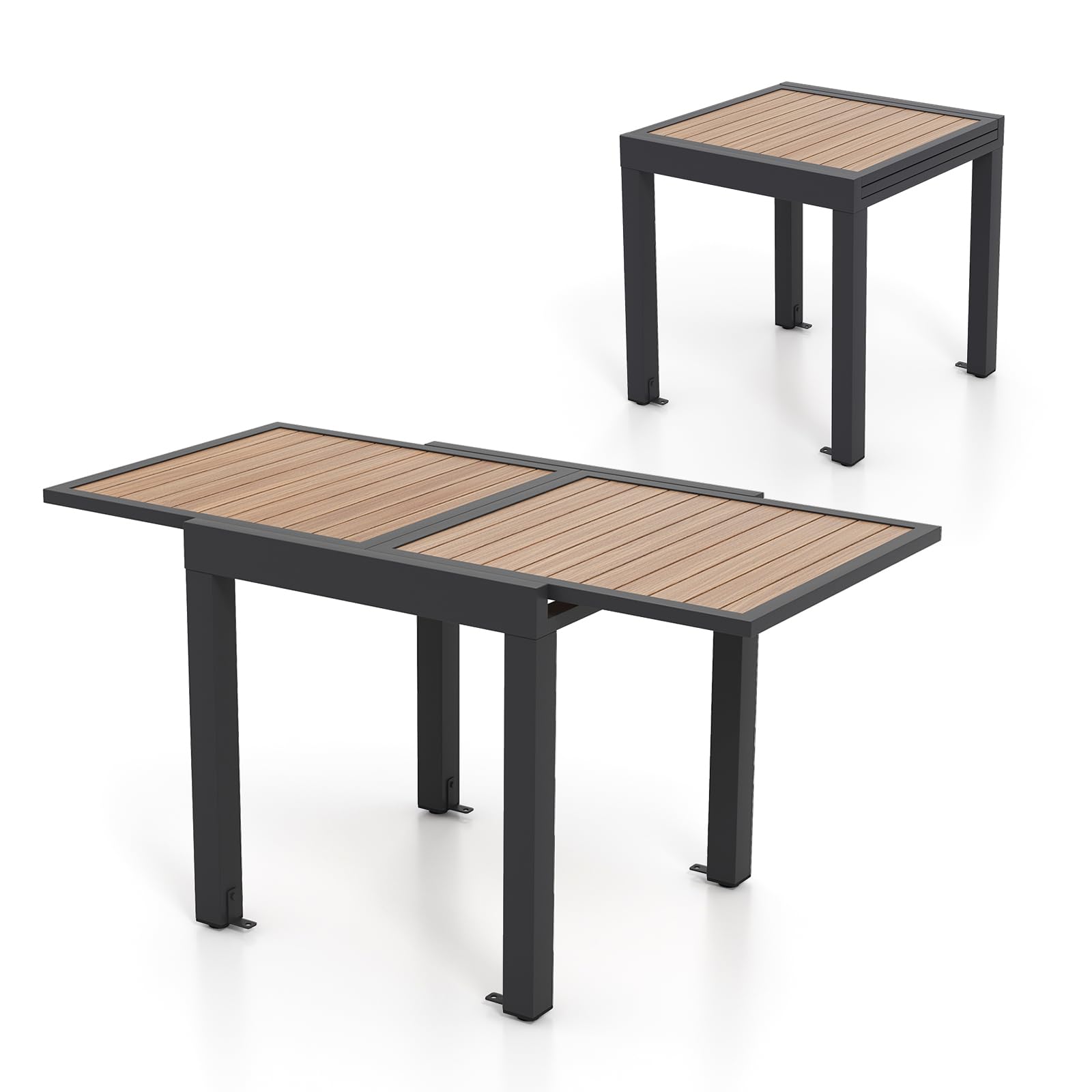 COSTWAY Extending Garden Table, Aluminium Outdoor Dining Table for 6 with Slatted Tabletop & L-shaped Brackets, Rectangular Patio Table with for Backyard Balcony, 80/160x80x75cm (Dark Grey+Natural)