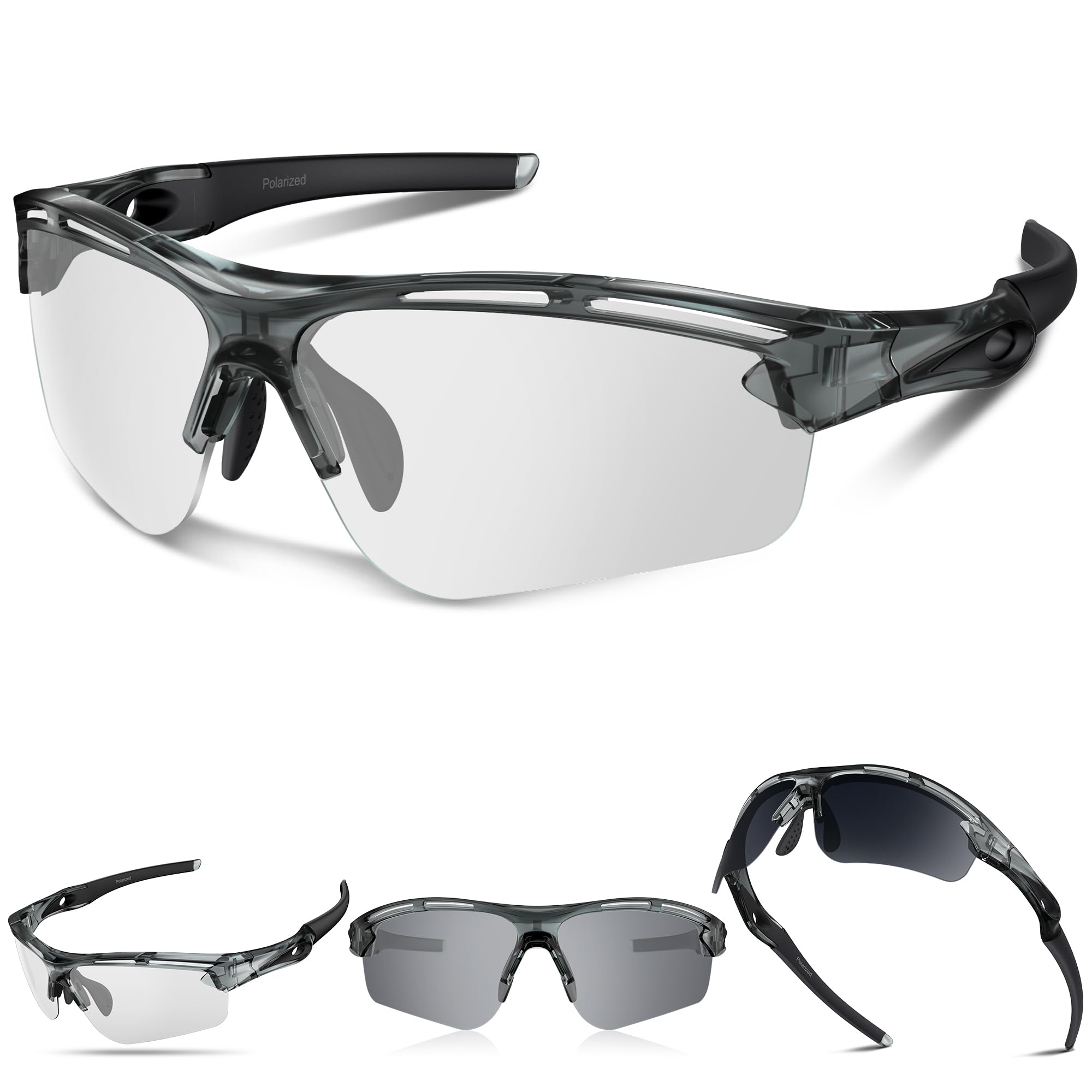 Polarized Sports Sunglasses for Men Women UV400 Protection for Running Cycling Fishing Hiking TR90, Photochromatic Grey, IN
