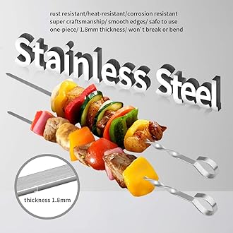 LANNEY Kabob Skewers Flat Metal BBQ Barbecue Skewers Long Stainless Steel Kebob Sticks Reusable Grilling Skewer for Shish Kabob, Meat Shrimp Chicken Vegetables Fruit, Set of 12 (14" skewers(12 Pack))