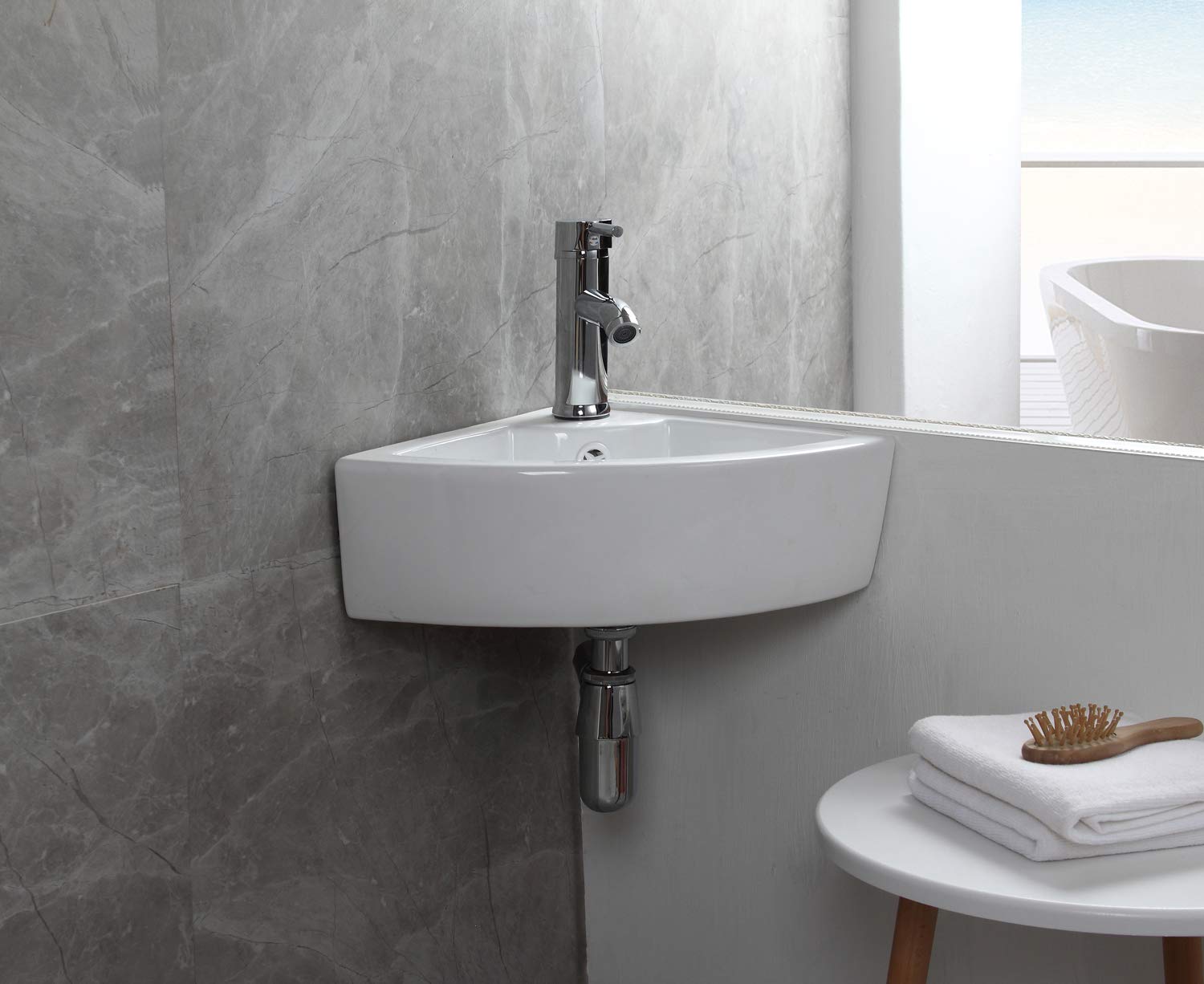 Lavabo d'angle mural avec robinet Siphon Lavabo en céramique fait main Blanc brillant Design simple Facile à installer et à nettoyer pour salle de bain Vestiaire WC