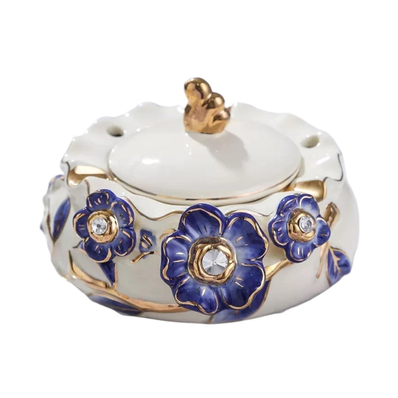 Sdgeryeeg One Color Ashtray， Ceramic Ashtray With Lid, Carved Blue Plum Blossom Decoration Windproof Ash Tray For Indoor Or Outdoor Use