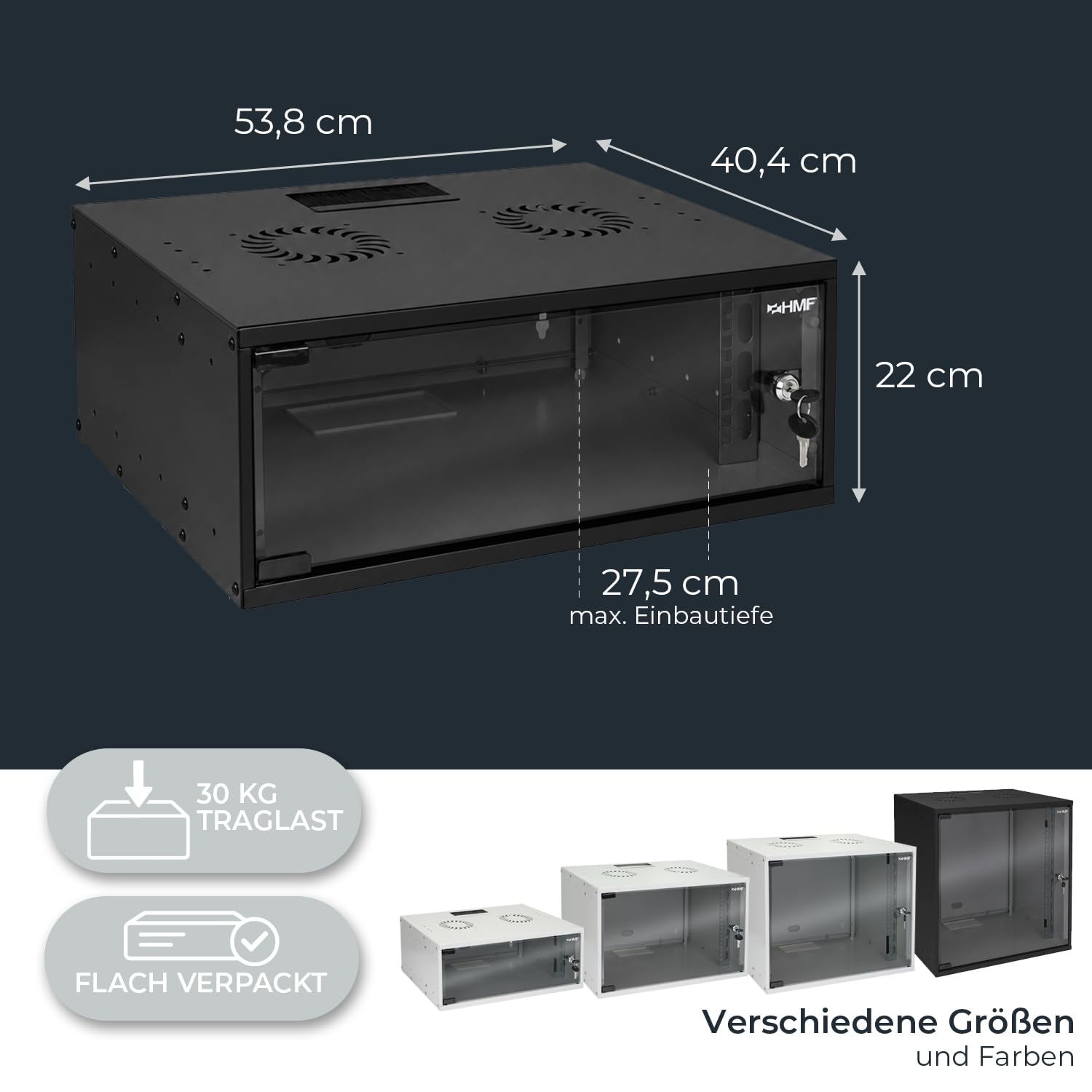 HMF 65704-02 Netzwerkschrank, Serverschrank 19 Zoll | 4 HE | 400 mm Tiefe | Glastür | Schwarz
