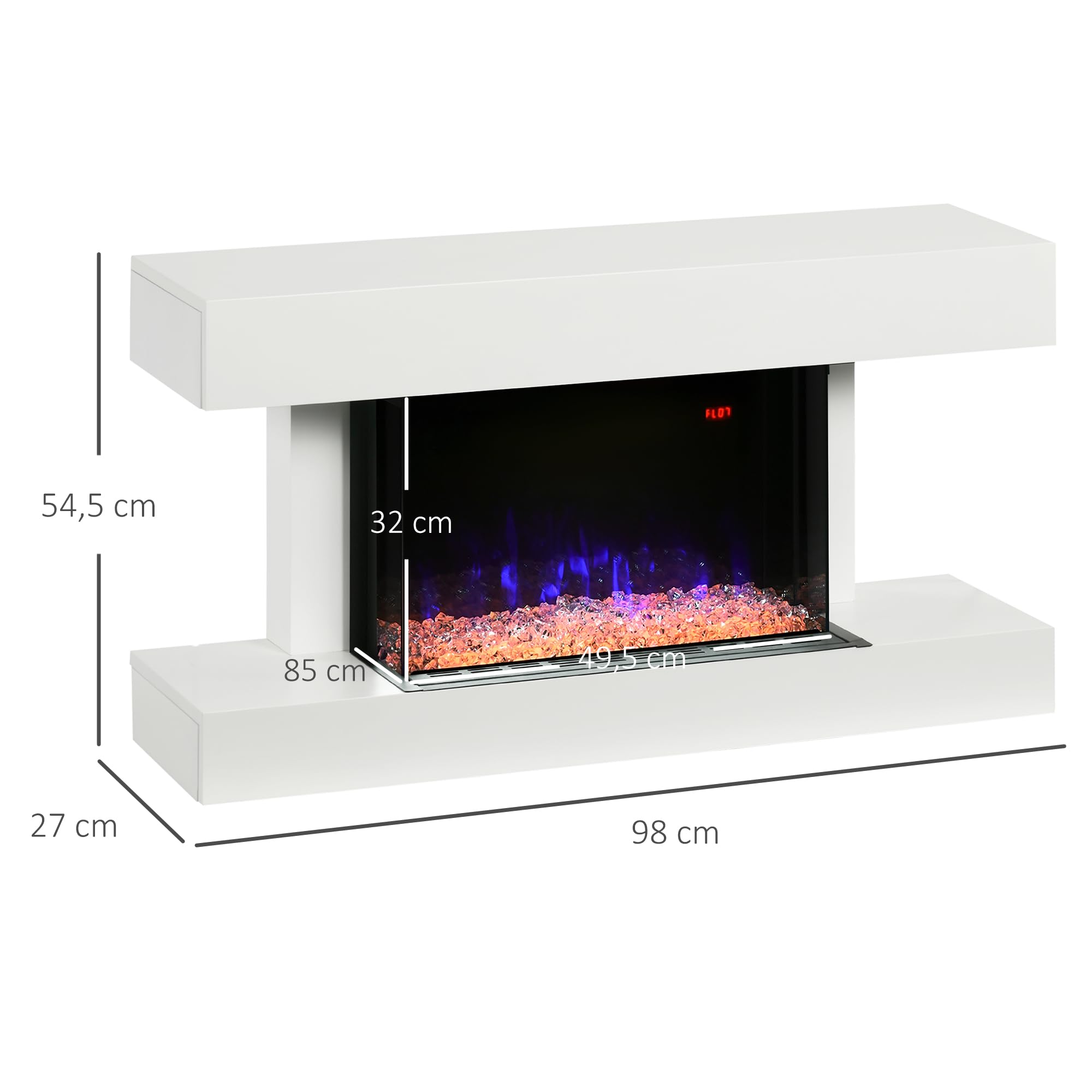 HOMCOM Chimenea Eléctrica 1000W/2000W de Pared o Pie 98x27x54,5 cm Blanco | Chimenea Decorativa, Temperatura Ajustable, Silencioso, Temporizador, Control Remoto, para Sala 15-25 m²