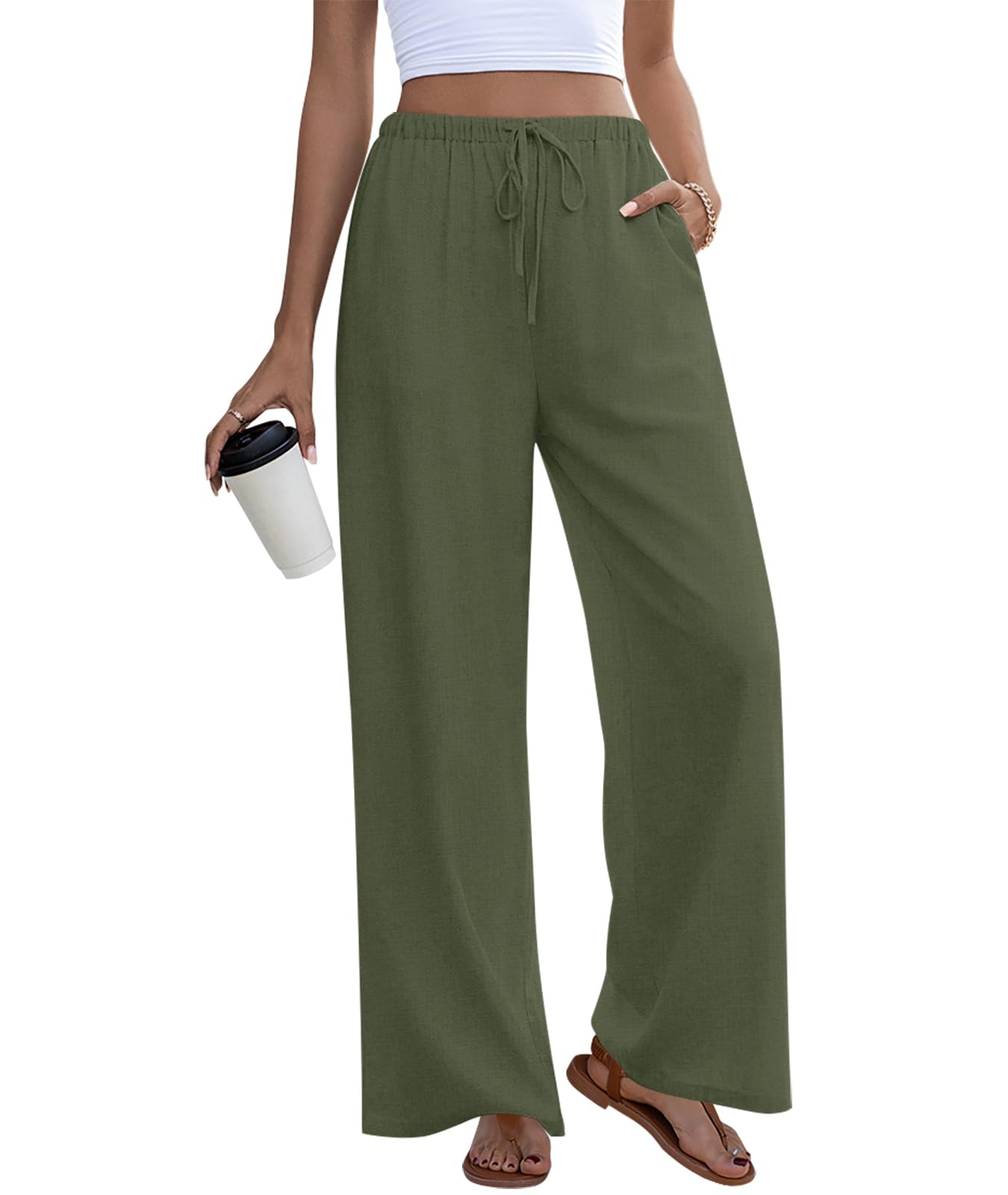 Anymeet Women's Linen Pants Summer Palazzo Flowy Wide Leg Beach Trousers with Pockets S-3XL Military Green X-Large