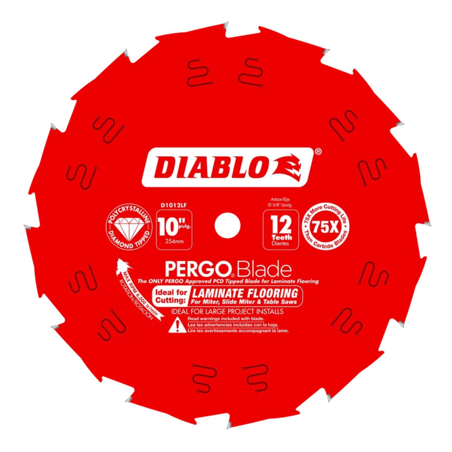 Diablo PergoBlade Saw Blade for Laminate and Wood Flooring - 10" Diameter, 12-Teeth, 5/8" Arbor, .087" Kerf, 10" Hook Angle, .063" Plate, 6000 Max RPM - D1012LF