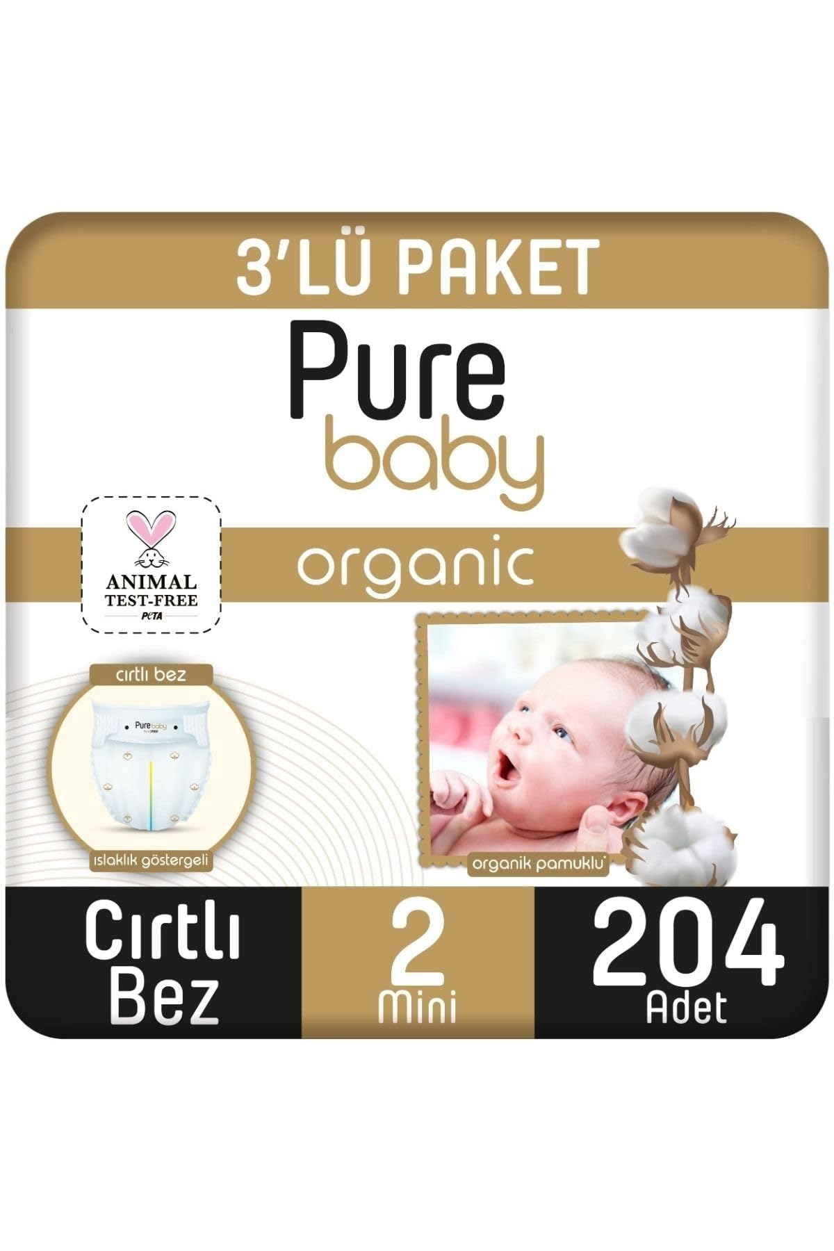 Pure Baby Organik Pamuklu Cırtlı Bez 3'Lü Paket 2 Numara Mini…