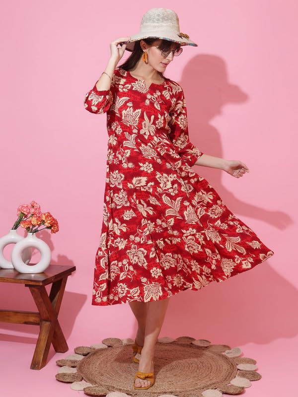 Image of Sheetal Associates Women's Casual 3 /4 Sleeve Crepe Fit and Flare Dress| Comfortable Relaxed Fit Summer Party Dress