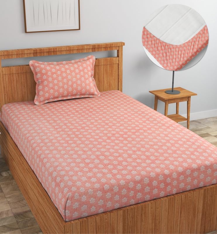 Image of NEW LEAF Premium Cotton Elastic Fitted Bedsheets with 1 Pillow Covers |Printed Single Bed Elastic 220 TC Supersoft Breathable & Wrinklefree | for 72x36+6 Inches, Pink