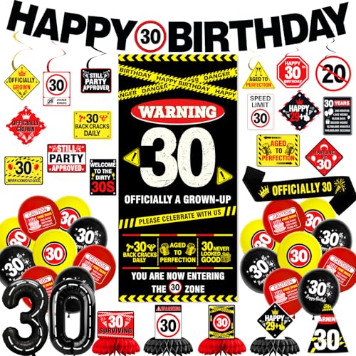 KimaruLZ 30th Birthday Decorations for Him, Caution Happy 30th Birthday Party Supplies Decor with Backdrop, Banner, Balloons, Centerpieces, Hanging Swirls, Wall Signs, Sash, Hat