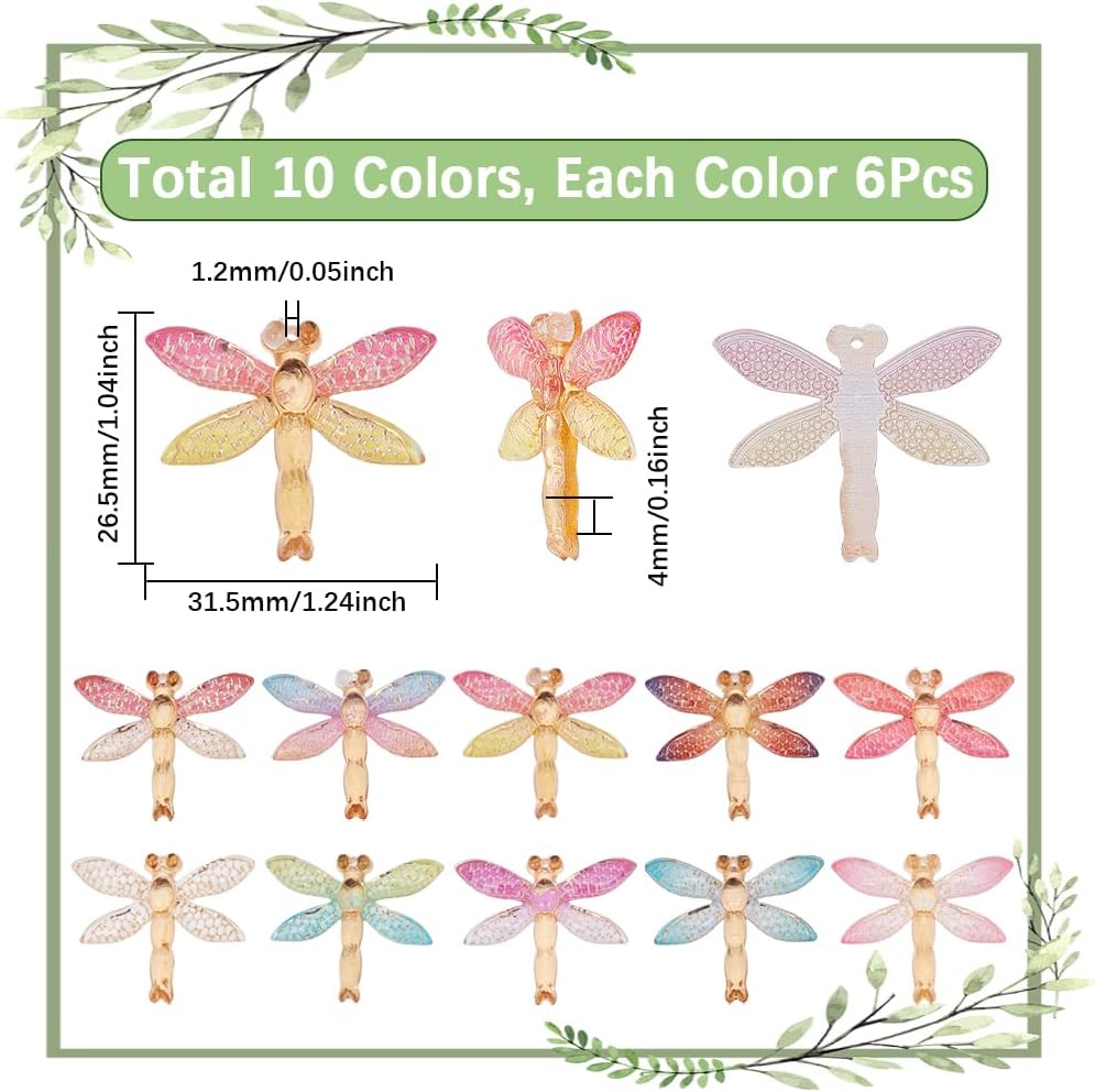 60Pcs 10 Colors Mini Resin Dragonfly Animal Resin Charms Flatback Cabochon Colorful Glitter Wing Cartoon Insect Animal Small Embellishments for Jewelry Nail Hair Clips Phone Cases DIY Crafts