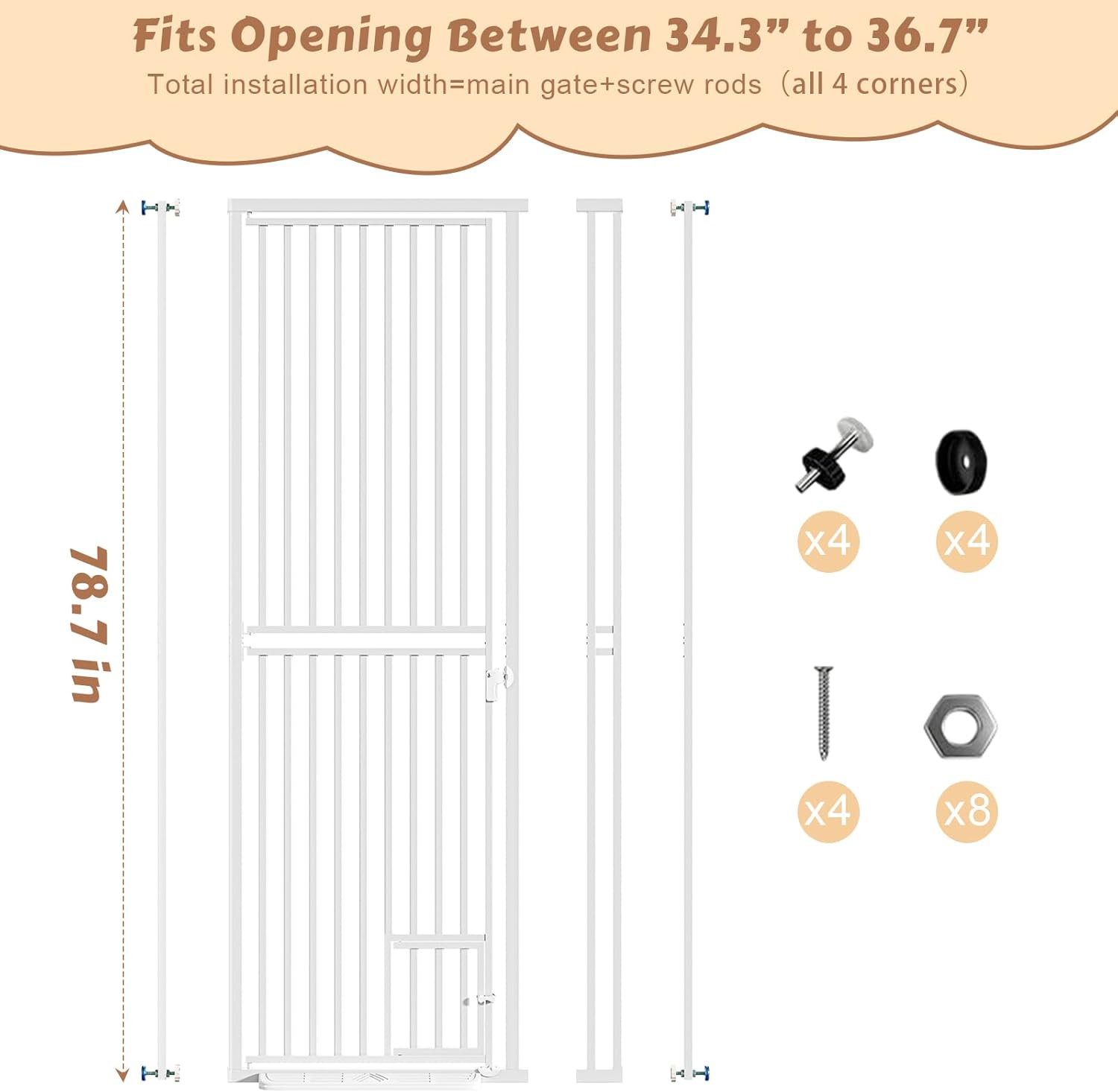 78.7" Extra Tall Pet Gate with Cat Door, Pressure Mounted Walk Through Gate for Stairs & Doorways, Fits 28.7"-37.5" Wide, Auto Close Safety Dog Gate, No Drill, White