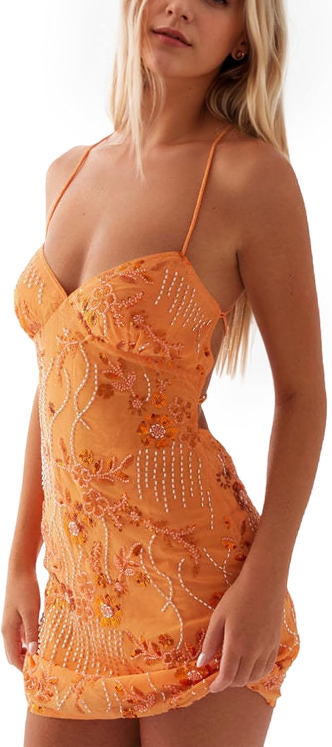 Women Sequin Sleeveless Mini Dress Sparkly Backless Strappy Short Dress Sexy Glitter V Neck Cami Dresses Party Club