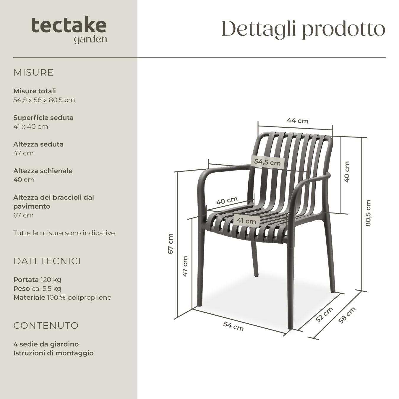 Tectake Set da 4 Sedie da Giardino Impilabili in Polipropilene per Esterno, Terrazzo, Antracite