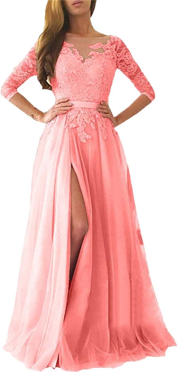 Ruisha Women Lace Prom Dress Long Tulle High Slit Evening Gowns Rs0080