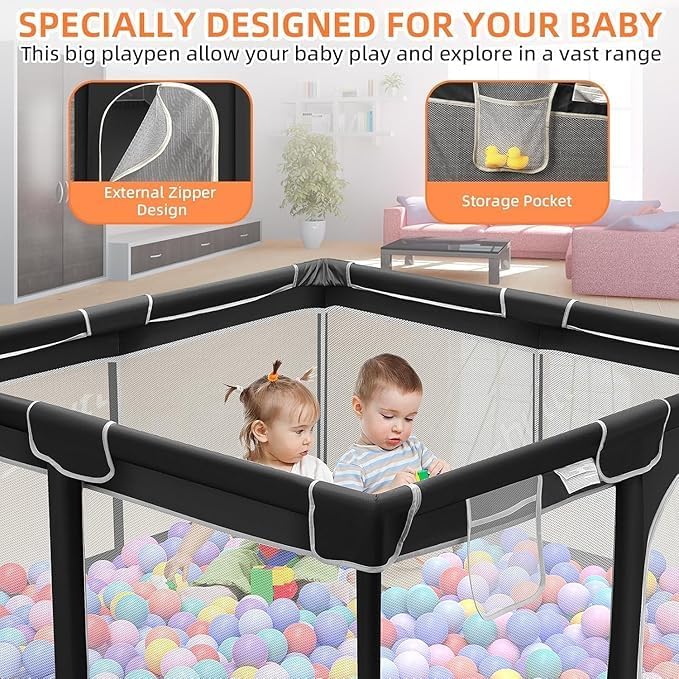 Image of Baby Playpen with Balls - Portable Play Yard with Mesh Panels for Safety & Visibility, Indoor /Outdoor Toddler Activity Fence for Boys & Girls (Black)