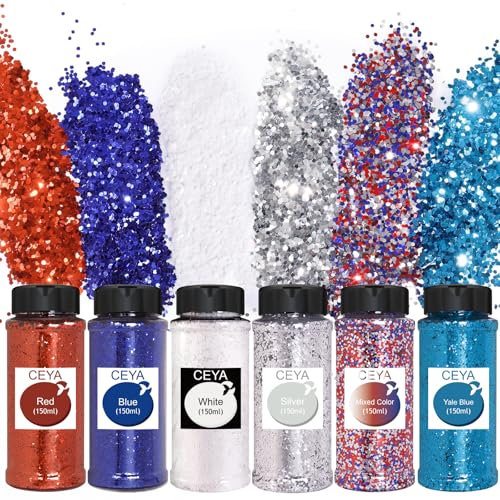 Image of Ceya Red Blue White Glitter 6 Colors,4.23OZ Each Jar 1/24”Crafts Bulk Chunky Glitter for Mask,Hat,Snowglobe Tumbler,Nail,DIY Craft Slime Poster Card