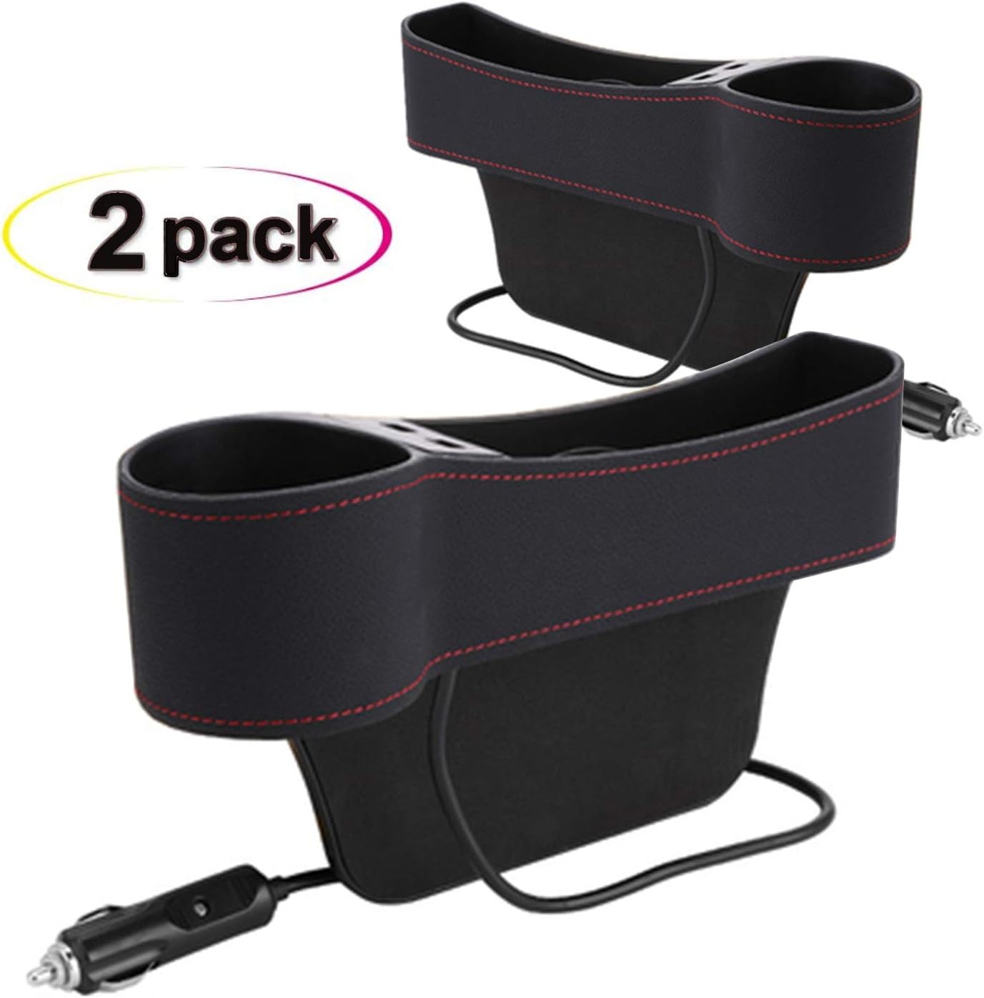 omotor Car Seat Gap Filler,Seat Console Organizer Pocket with Dual USB Charging, Leather Storage Box，for Wallet Cellphone Coins Keys Cards Drink Cups Candy Glasses Holder Box (2 Pack,Black)