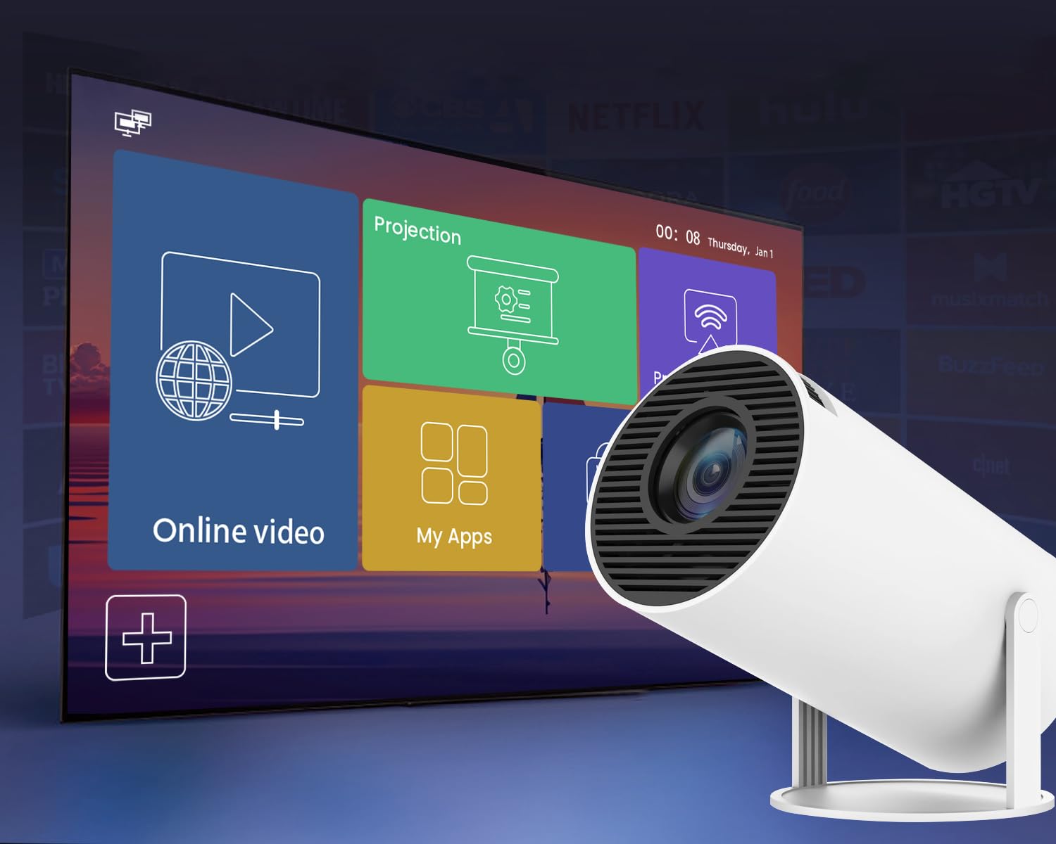 Mini Proiettore 4K Supporta, Smart Projector 5G WiFi 6 BT 5.4, Mini Proiettore Full HD 1080P Supporta 200ANSI 8000L Auto Orizzontale Trapezoid Correction