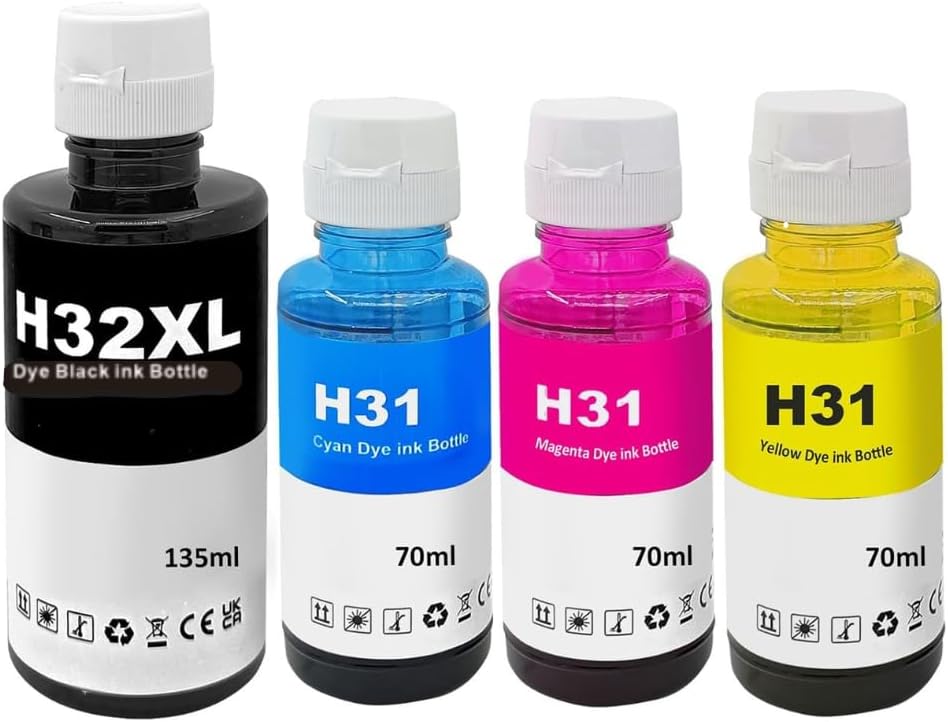 Universal Dye Ink, Ink Refill Bottles Set, BK 165ml,C,M,Y 100ml Compatible for Dye-Based Hp Smart Tank Printers, HP 31 32XL- Hp ST 5000, 6001, 651, 551, 5103, 7001 & Many More Models