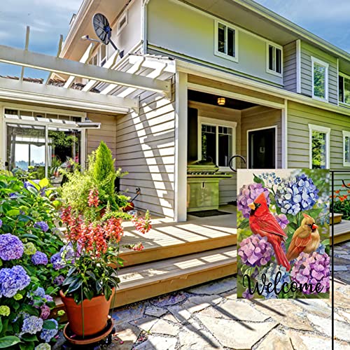 Artofy Welcome Summer Cardinal Red Birds Home Decorative Garden Flag, Yard Hydrangea Flowers Outside Decor, Spring Outdoor Small Burlap Decoration Double Sided 12 X 18 #TOP4