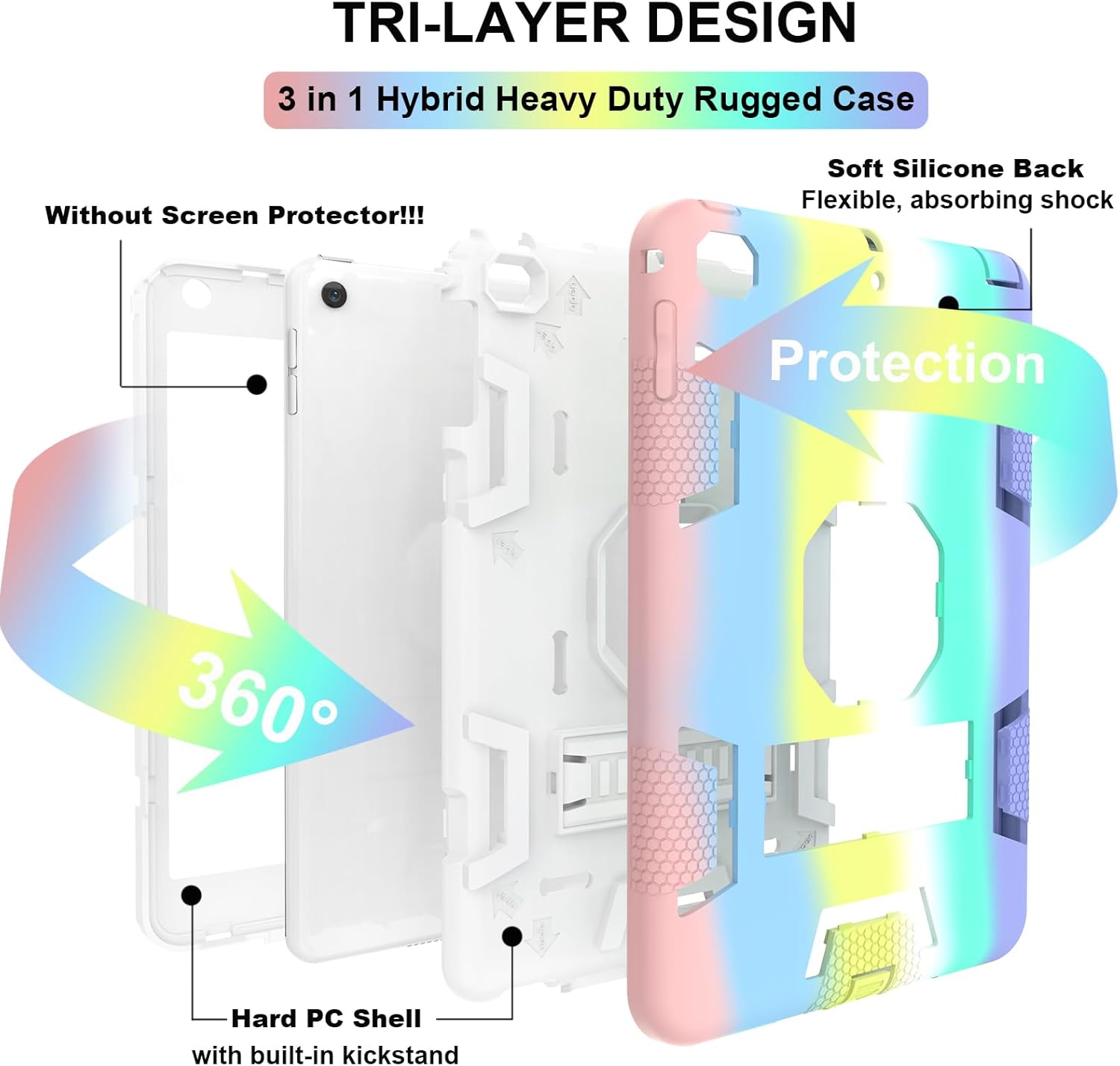 CCMAO iPad mini 5 Case 2019, iPad mini 4 Case 2015, Heavy Duty Shockproof Hybrid Protective Cover for iPad mini 5th/4th Generation 7.9 inch, Rainbow