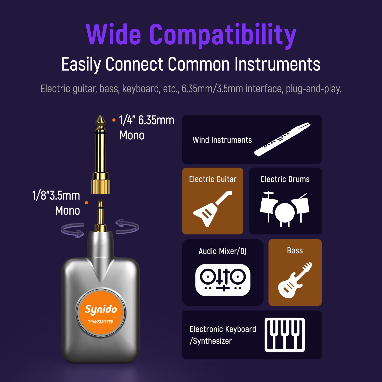 Synido Sistema de guitarra inalámbrico de 5,8 GHz, receptor transmisor de instrumento musical eléctrico recargable con tarjeta de sonido, 24 bits/96 KHz, baja latencia, compatible con Bluetooth BGM