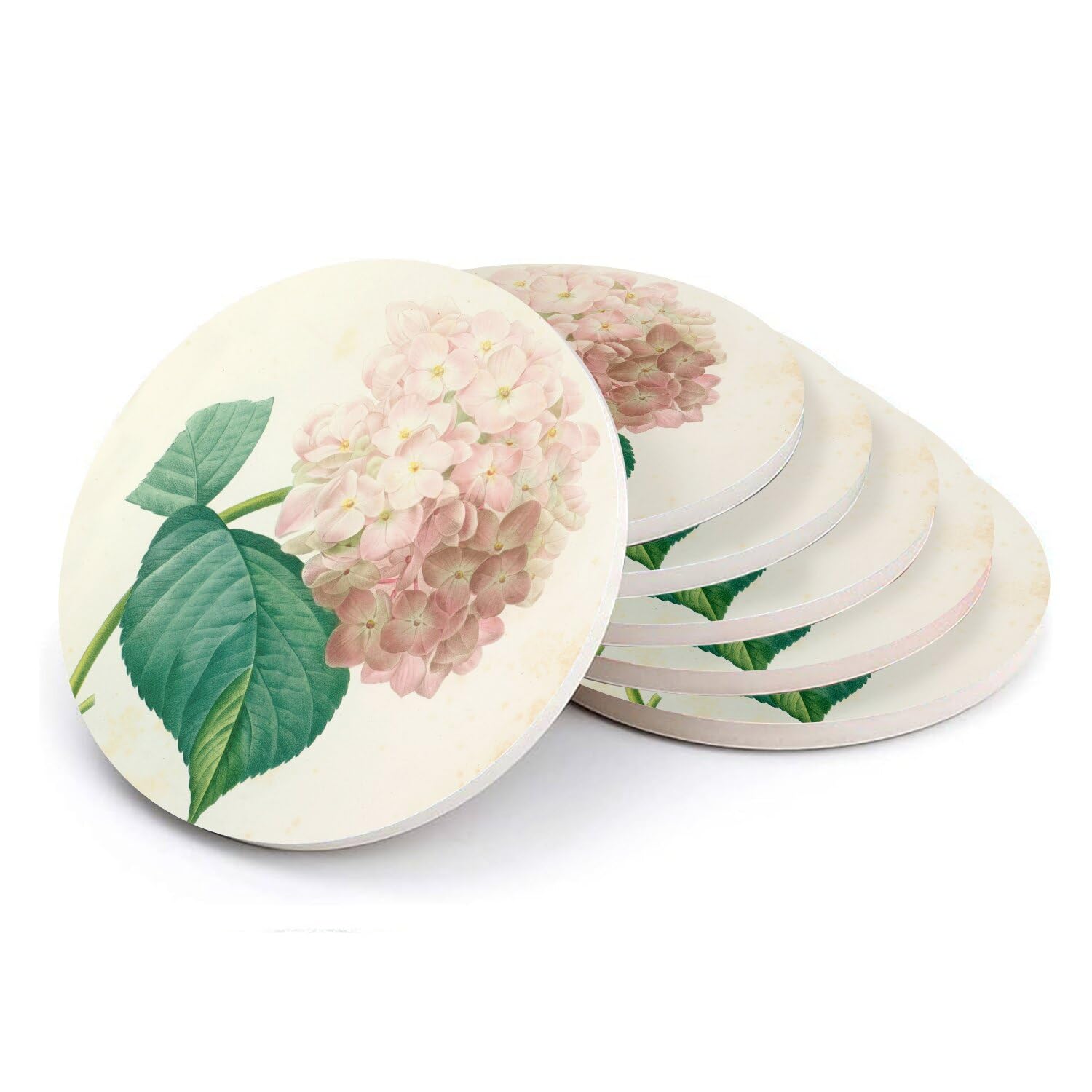 Sous-verre ronds en céramique Hortensia : anti-tache pour table en bois verni