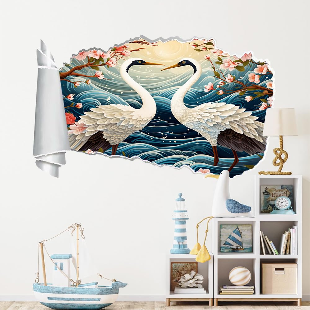 3D Durchbruch Wandtattoo Mädchen Kinderzimmer Kran Wandaufkleber Dekorative Blaue Wellen Wandsticker für Junge Teenager Zimmer Wohnzimmer Schlafzimmer Wandbilder Deko