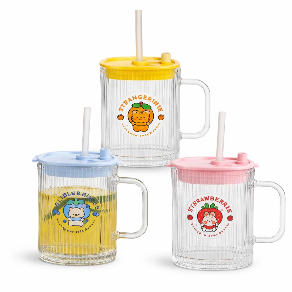 KiKiluxxa Kids Drinking Glass with Lid & Straw | 420 ml Random Color Sipper Mug | Cute Cartoon Cup for Juice Milk Water | Gift for Kids